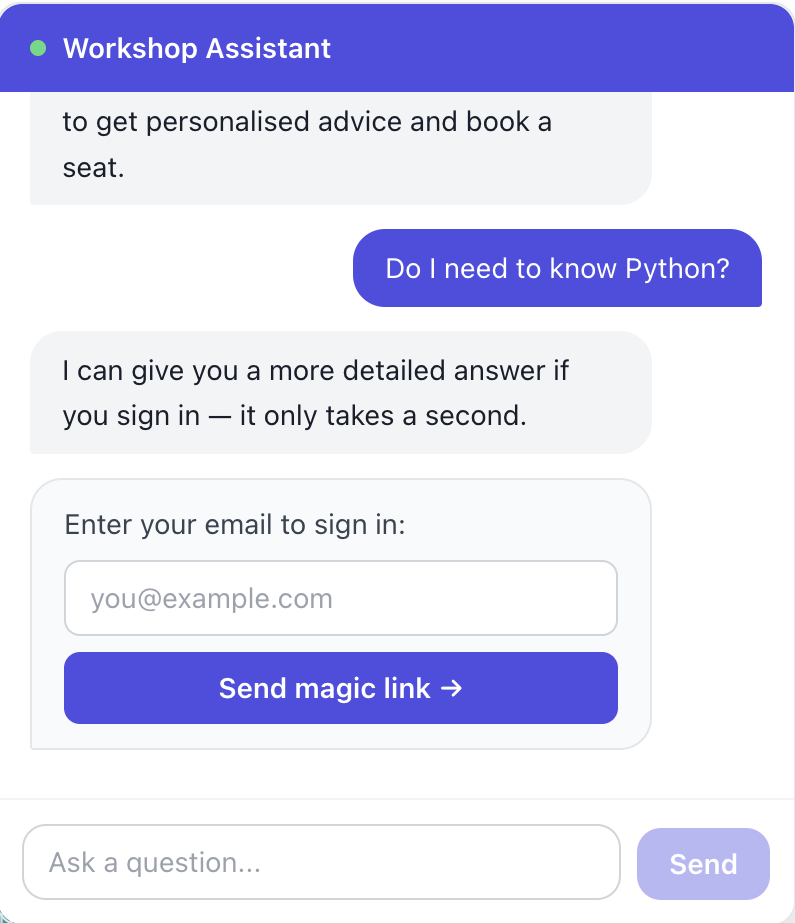 Workshop Assistant prompting an anonymous visitor to sign in via magic link to get a personalised answer